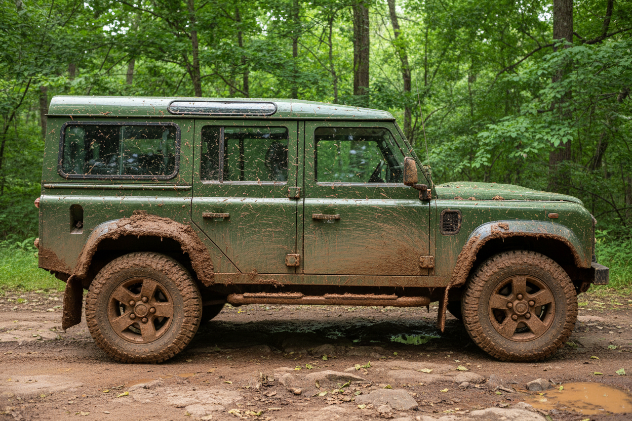 Generate me a photo of a dirty land rover 